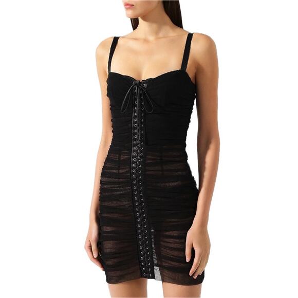 DOLCE & GABBANA Black Ruched Tulle Lace-Up Corset Dress Mini 42 M - Picture 1 of 10